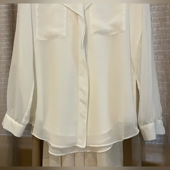 Calvin Klein Sz S Ivory Blouse Layered Sheer Rolled up Sleeve Top Career work - Picture 8 of 11